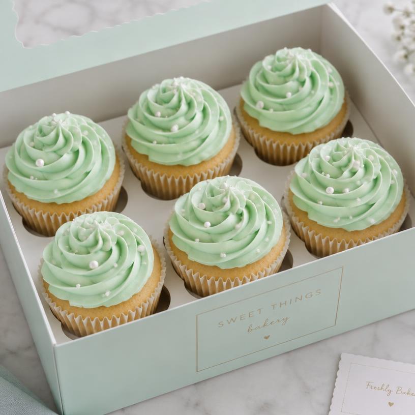 Mint frosted cupcakes in a gift box